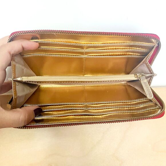 Calvin Klein Red Saffiano Leather Zip Around Long Wallet w/ Gold Interior - Picture 3 of 11